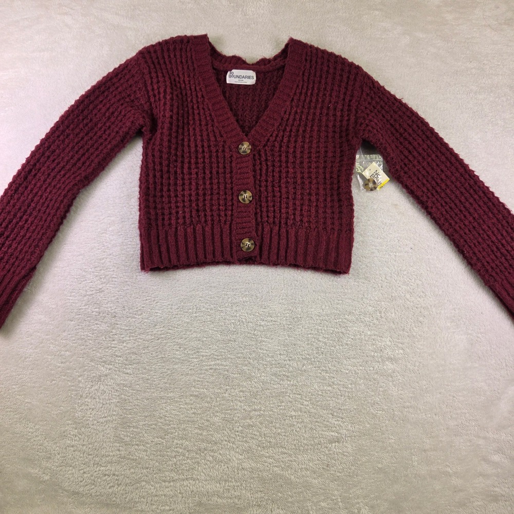 No Boundaries Burgundy Waffle Knit Cropped Cardigan Sweater Size XS